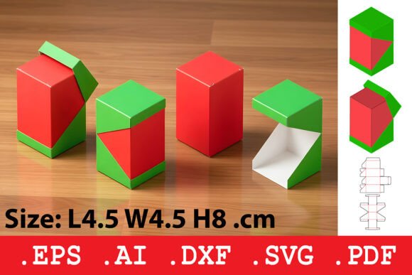 Folding Angled Lid Cube Box Template 3D SVG Objects