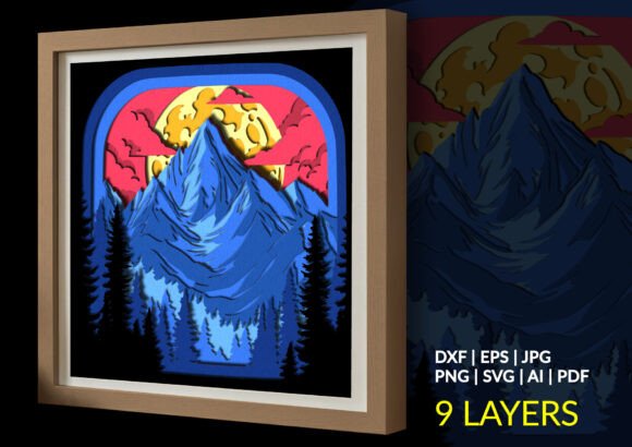 Mountain Landscape Full Moon 3D SVG Shadow Boxes